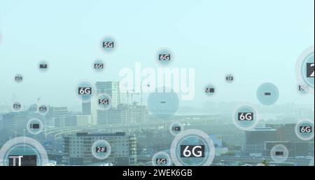 Bild von Ikonen über der Stadtlandschaft Stockfoto