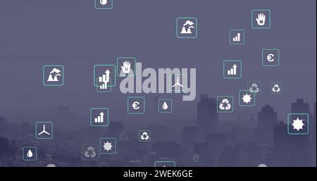 Bild von Ikonen über der Stadtlandschaft Stockfoto