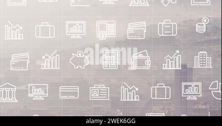 Bild der Finanzsymbole über der Stadtlandschaft Stockfoto