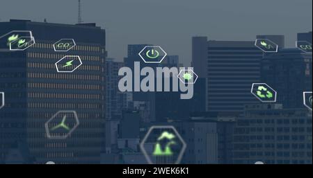 Bild von Ikonen über der Stadtlandschaft Stockfoto