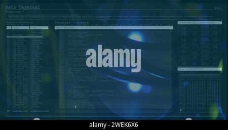 Abbildung der Nummernänderung und Datenverarbeitung auf Computerbildschirmen über Kabelnähe Stockfoto