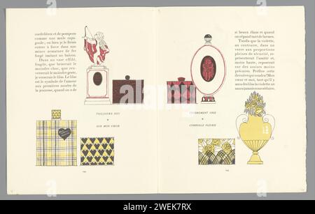 Eine Zeitung mit gutem Ton. Art - Modi & Frivolities: Layout, 1922 Dubbele Pagina Tekst bringt illustrierte van perfumesjes: Links: Immer ja / auf mein Herz; Rechts: Zärtlich vereinigt / blumiger Korb. Pp. 294-295 in Gazette du Bon Ton 1922, Nr. 10. Papier Buchdruck, der Modeplatten druckt. Toilettenbau - AA - (für) Frauen Stockfoto