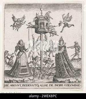 Duiventil voll fliegenden Narren, Johann Theodor de Bry, nach Monogrammisten BKGF, 1596 Print Ein Taubenstil ist im Wasser, aber nicht voll Tauben hier, sondern voll von Männern, die alle zum Nieren abgestürzt sind und vom Taubenreiten ins Wasser fallen. Auf beiden Seiten, auf dem Wallekant, gibt es zwei schön gekleidete Damen: Ein Siebmänner, die anderen Fische im Männenteich. Beides, wie die Texte im entsprechenden Epigram sagen, war zu wählerisch, wenn es um die Wahl der Männer geht. Die schlechte Konsequenz ist, dass sie letztlich allein bleiben. Papierstich Existenz und Existenzmodi (+ emblematisch Stockfoto