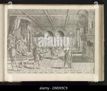 Daniël für König Nebukadnessar, Johannes oder Lucas van Doechum, nach Hans Vredeman de Vries, werden 1585 Druck Daniël und drei weitere junge Israeliten König Nebukadnessar präsentiert. Der König, links auf dem Thron, weist sie an, sie zu lehren, damit sie sich dem König anschließen können. Unter dem zeigen Sie dann einen Verweis auf den Bibeltext in lateinischer Sprache. 1. Dieser Ausdruck ist Teil eines Albums. Papierstiche Israeliten (meist vier) werden dem Prinzen der Eunuchen vorgeführt, weil König Nebukadnezar sie im Palast erziehen lassen will (Daniel 1) Stockfoto