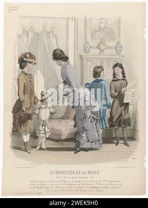 Der Modemonitor, 1879, Nr. 1645.: Kostümmodelle (...), 1879 Eine Frau und vier Mädchen unterschiedlichen Alters im Innenraum. Die Frau hält eine Marionette. Der Bildunterschrift zufolge ist die Kinderkleidung der Kaufhäuser La Paix. Unten einige Zeilen mit Werbetexten für verschiedene Produkte. Druck aus dem Modemagazin Le Monitor de la Mode (1843-1913). Papiergravur von Modetafeln. Schuhe, Sandalen (+ Damenkleidung). Stiefel (+ Mädchenkleidung). Kopfbedeckung (+ Mädchenkleidung). Kleid, Kleid (+ Mädchenkleidung). Kleid, Kleid (+ Damenkleidung). Handschuhe, Fäustlinge usw. (+ Mädchenkleidung). Br Stockfoto