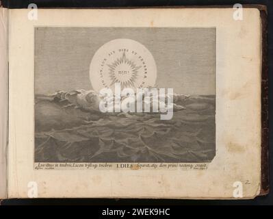 Erster Tag der Schöpfung: Trennung von Licht und Finsternis, 1646 Druck Gott schwimmt auf einer Wolke in Form eines Tetragramms: Über ihm ist Licht, unter ihm Finsternis. Am ersten Tag der Schöpfung schuf Gott Licht und Finsternis. Unter der Aufführung ist ein lateinischer Verweis auf den Bibeltext in 1:3. Dieser Ausdruck ist Teil eines Albums. Papiergravurteilung von Licht und Dunkelheit. Tetragramm (in römischer oder hebräischer Schrift)  Symbol Gottes Vater Stockfoto