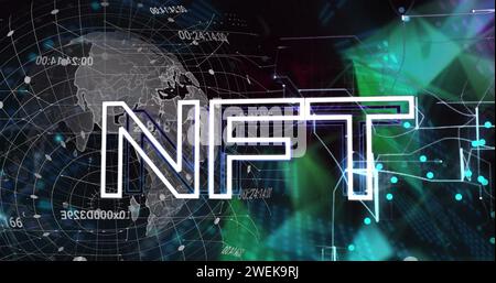 Bild des nft-Textes über der Kugel auf schwarzem Hintergrund Stockfoto