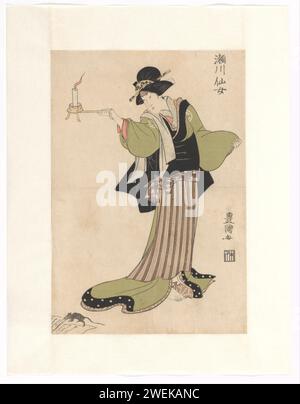 Segawa Senjo in der Rolle der Schwester Masaoka, Utagawa toyokuni (i), C. 1810 Print Kabuki Schauspieler Segawa Senjo in der Rolle der Nanny Masaoka. Mit dem Licht der Kerze in der Hand sieht sie eine Ratte, die Dokumente stiehlt. Papierfarbe Holzschnitt Schauspieler (auf der Bühne). Kerze. Nagetiere: Ratte Stockfoto