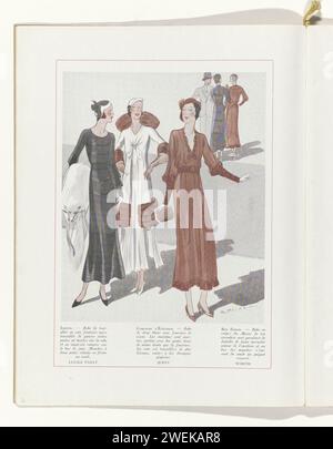 Art - Geschmack - Schönheit, weibliche Eleganz Blätter, November 1931, Nr. 135, 12. Jahr, S. 6, R. Drivon, Magazin 1931 links: schwarze Seite von Lucile Paray. Mitte: Kleid aus weißem Laken und Nerz, vom Modehaus Jenny. Rechts: Crêpe Kleid garniert mit Wollseite, von WORTH. Seite aus dem Modemagazin Art-Goût-Beauté (1920-1933). Papierteller. Kopfbedeckung: Hut (+ Damenbekleidung). Handschuhe, Fäustlinge (LANGE HANDSCHUHE) (+ Damenkleidung). Kleidung für den oberen Teil des Körpers (SCHAL) (+ Pelz für Kleidung). Tasche (HANDTASCHE) (+ Damenkleidung). Borte, Band, Flecht (+ Pelz für Kleidung) Stockfoto