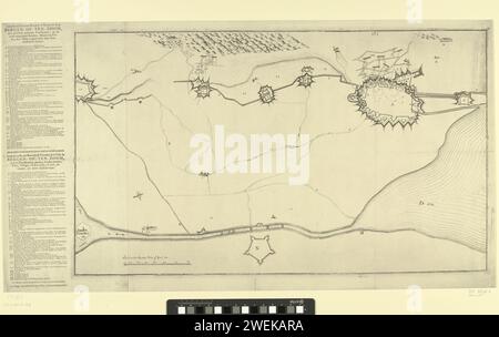 Karte mit den Verstärkungen für Bergen op Zoom und Forts in the area, Anonym, 1747 drucken Karte mit der Belagerung der Stadt Bergen op Zoom durch die französische Armee unter General Löwenthal begann am 12. Juli 1747. Karte mit den Verstärkungen rund um die Stadt und mit den Vierteln am Fuße der Schelde. Später heißt es im Magazin links neben dem Album die Legenden A-RR auf Niederländisch und Französisch. Papiergravur/Buchdruck von Karten verschiedener Länder oder Regionen. Belagerung, Position war Bergen op Zoom Stockfoto