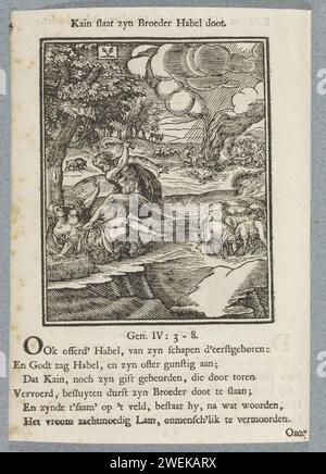 Cain tötet Abel, 1740 Abdruck unter einem Baum, Cain tötet seinen Bruder Abel mit einem Kieferknochen. Im Hintergrund rechts die Opfer von Kain und Abel. Ein Titel über der Show. Unter sechs Strophen und ein Hinweis auf Genesis 4: 3-8. Der Ausdruck ist Teil eines Albums. Die Tötung von Abel: Kain tötet ihn mit einem Stein, einem Schläger oder einem Kieferknochen, alternativ mit einem Spaten oder einem anderen Werkzeug als Waffe. Das Opfer von Kain und Abel: Abel bietet ein Lamm an, Kain normalerweise eine Maisgarbe Stockfoto