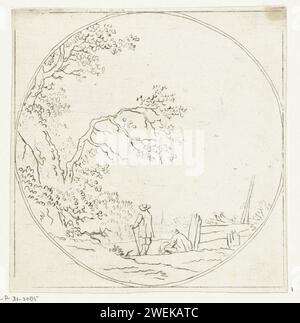 Landschaft mit zwei Wanderern, Anthonie van den Bos, nach Aarnout ter Himpel, 1778 - 1838 drucken zwei Wanderer blicken über eine Wiese in einem Dorf in der Ferne. Der eine lehnt sich auf seinen Stock. Der andere sitzt auf dem Boden. Papierätzlandschaften in der gemäßigten Zone (+ Landschaft mit Figuren, Personalstärke) Stockfoto