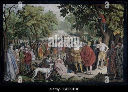 Die Predigt Johannes des Täufers an den Ufern des Jordaan, Nicolaes de Bruyn, 1619–1672 drucken Johannes des Täufers, Predigt für eine große Menschenmenge. Da ist ein Junge im Baum über ihm. Mitten in einer elegant gekleideten Dame und einem Gentleman mit Hund. Der Fluss Jordaan fließt im Hintergrund. Die Gravur ist mit Gold koloriert und hoch von Magdalena Fürst, die den Druck auf diese Weise in ein „Gemälde“ verwandelt hat. Papier. Gouache (Farbe) Gravur / Pinsel Johannes der Täufer streiten. Hund (mit DEM NAMEN der Art). Klettern auf einen Baum Stockfoto