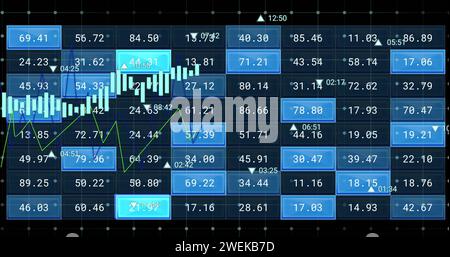 Bild der Verarbeitung von Finanzdaten auf Bildschirmen über schwarzem Hintergrund Stockfoto