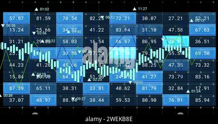Bild der Verarbeitung von Finanzdaten auf Bildschirmen über schwarzem Hintergrund Stockfoto