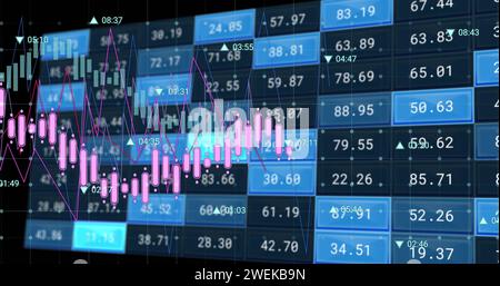 Bild der Verarbeitung von Finanzdaten auf Bildschirmen über schwarzem Hintergrund Stockfoto