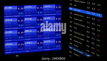 Bild der Verarbeitung von Finanzdaten mit Bildschirmen über schwarzem Hintergrund Stockfoto