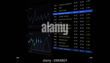 Bild der Verarbeitung von Finanzdaten mit Bildschirmen über schwarzem Hintergrund Stockfoto