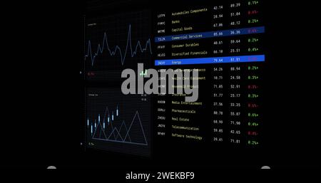 Bild der Verarbeitung von Finanzdaten mit Bildschirmen über schwarzem Hintergrund Stockfoto