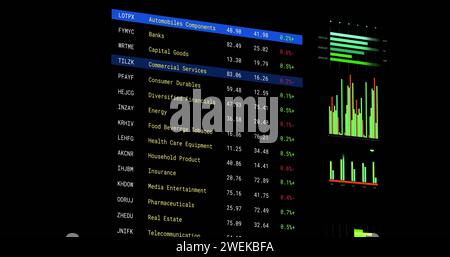 Bild der Verarbeitung von Finanzdaten mit Bildschirmen über schwarzem Hintergrund Stockfoto