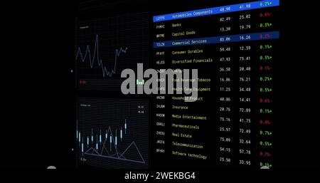 Bild der Verarbeitung von Finanzdaten mit Bildschirmen über schwarzem Hintergrund Stockfoto