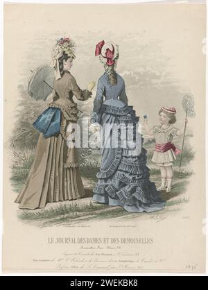 The Journal of Dames and Demoiselles, 1875, Nr. 1249.: Petticoats und Korsetts (...), 1875 zwei Frauen und ein Kind draußen, gekleidet in Wanderkleidung. Sie tragen eine Jacke über einem Kleid mit Rundhalsausschnitt und eine Jacke mit zerknittertem Stoff. Unter der Performance einige Zeilen von Werbetexten für verschiedene Produkte. Druck aus dem Modemagazin Journal des Dames et des Demoiselles (1841-1902). Papierstahl mit Gravur von Modetafeln. Kopfbedeckung (+ Damenkleidung). Kleid, Kleid (+ Damenkleidung). Sonnenschirm, Sonnenschirm (+ Damenkleidung). Handschuhe, Fäustlinge usw. (+ Damenkleidung). Kopfrad (+ Gi Stockfoto