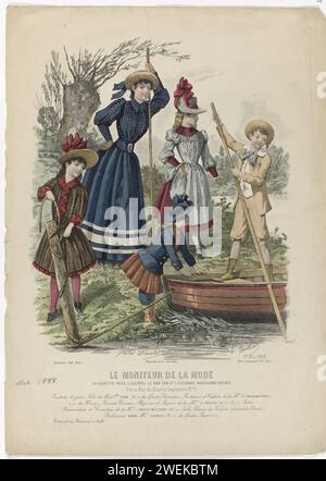 Der Mode-Monitor, 1888, Nr. 2464., nein 30: Toilette des jungen Fill (...), 1888 vier Mädchen und ein Junge am Wasser an einem Ruderboot; Ein Mädchen ist mit dem Seil beschäftigt, um den Meerpaal zu lösen. Zwei haben einen Segelbaum. Laut der Bildunterschrift: Junge Frau in einer Toilette von Edon. Kinderkleidung von A l'Amour Maternel. Unten einige Zeilen mit Werbetexten für verschiedene Produkte. Druck aus dem Modemagazin Le Monitor de la Mode (1843-1913). Papiergravur von Modetafeln. Kleid, Kleid (+ Mädchenkleidung). Hosen, Hosen (+ Jungenkleidung). Nackenbekleidung  Kleidung (+ Jungenkleidung). Beschichtung (+ bo Stockfoto