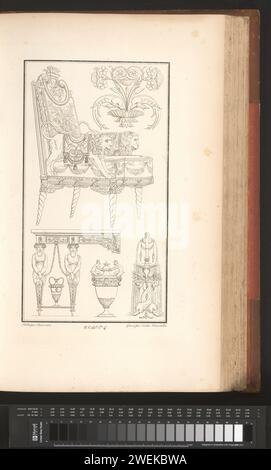 DIVERSE ORDERENTS, Cécile BeauValt, 1820 Ornament Print mit verschiedenen Objekten, auf einem Thron. Teil (8. CAH. F.LE 4) des Prentalbums mit zwei Serien von insgesamt 138 Ornamentdrucken von Beauvallet und Normand, Fragmens d'Ortuens Dance le style antique. Papier-Ätzschmuck  Kunst. Thron Stockfoto