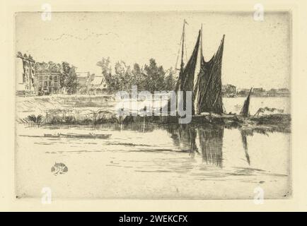 Hurlingham, James Abbott McNeill Whistler, 1879 Druck Eine Reihe Boote ankert im Wasser, zwei mit noch offenen Segeln. Eine Reihe von Häusern auf der Bank. Papierätzung / Trockenpunkt Segelschiff, Segelboot. fluss Hurlingham Stockfoto