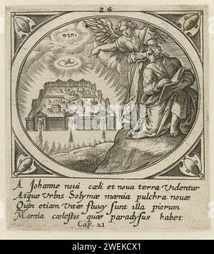 Engel zeigt Johannes das neue Jerusalem, 1585 Druck ein Engel zeigt Johannes das neue (himmlische) Jerusalem. Johannes schreibt in einem Buch. Über der Stadt der Heilige Geist (als Taube) und ein Tetragramm. Am Rand eine vierzeilige Unterschrift in lateinischer Sprache. Vierundzwanzigster Druck aus einer Serie von vierundzwanzig mit der Offenbarung Johannes auf Patmos. Ein Engel zeigt Johannes das neue (himmlische) Jerusalem, das vom Himmel herabkommt; manchmal wird Christus gezeigt, der seine Lämmer in die Stadt führt Stockfoto