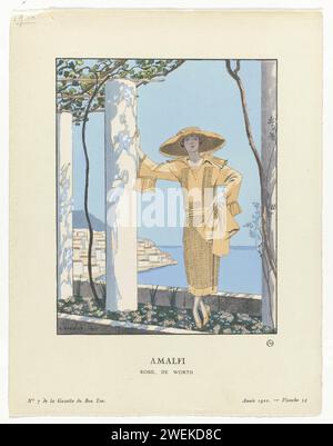 Gazette du Bon Tone, 1922, Nr. 7, pl. 54: Amalfi. Kleide dich an, von Worth, 1922 Sommer Japon von WORTH. Hut mit breiter Kante. Druck aus der Modezeitschrift Gazette du Bon Ton (1912-1925). Papierteller. Kleid, Kleid (+ Damenkleidung). Kopfbedeckung: Hut (+ Damenbekleidung) Stockfoto