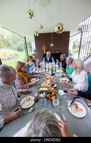 Dieses Bild zeigt eine Gruppe von Senioren, die sich um einen Esstisch versammelt haben und gemeinsam eine Mahlzeit in einem hellen und modernen Raum genießen. Die großen Fenster bieten einen Blick auf den Garten und verbinden sie mit der Natur, während sie sich unterhalten und ihr Essen genießen. Der Tisch ist voll mit einer Vielzahl von Gerichten, was auf eine gemeinsame Anstrengung und das Vergnügen des Mitteilens hindeutet. Diese Szene spiegelt die Bedeutung von Gemeinschaft und Sozialisierung für ein freudiges und vernetztes Leben im Alter wider. Gemeinsames Essen: Senioren genießen gemeinsam eine Mahlzeit. Hochwertige Fotos Stockfoto