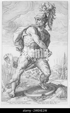 Titus Manlius, Hendrick Goltzius, drucken 1586 den Helden Titus Manlius Torquatus, während er sein Schwert aus der Scheide zieht. Im Hintergrund sieht man, wie er einen Gallier auf einer Brücke schlägt. Zweimal zwei lateinische Strophen unter der Aufführung. Dieser Druck ist Teil einer Serie von zehn Drucken, bestehend aus einem unnummerierten Titeldruck, acht nummerierten Darstellungen von Helden und einem unnummerierten Schlussdruck. Titus Manlius Torquatus besiegt in einem einzigen Kampf einen gigantischen Gallier und nimmt ihm seine goldene Halskette Stockfoto