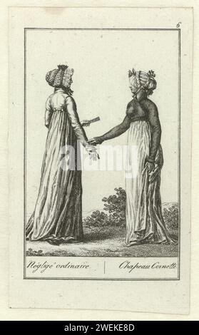 Almanakprentje uit CA. 1800, Kopie naar Journal des Dames et des Modes: Ordinary Neglected / Cornette hat., C. 1800 Frau, auf dem Rücken gesehen, gekleidet in 'Négligé Ordinary'. Lange Jacke mit hohem Bund. Strümpfe. Zubehör: Hut mit gestreiftem Band, Fächer, Handschuhe, Schuhe mit Spitznasen. Frau in einem spencer gekleidet in einem Kleid mit Schleppnetz. Zubehör: Chapeau Cornette, Handschuhe, Schuhe mit Spitznasen. Der Druck ist eine verkleinerte Kopie im Spiegelbild auf zwei Abzüge aus Journal des Dames et des Modes, Kostüm Parisien: 10. Janvier 1800 (186) und 5. Janvier 1800 (185). Papierätzung Fashio Stockfoto