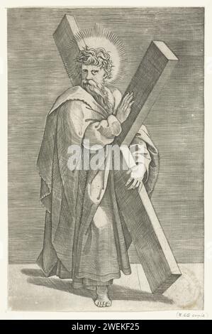 Apostel Andreas traf Kruis, Marco Zahn, nach Marcantonio Raimondi, nach Rafaël, 1517 - 1527 Druckpapier mit dem Stich des Apostels Andreas; mögliche Attribute: Buch, X-förmiges Kreuz, Fisch, Fischnetz, Seil, scrollen Stockfoto