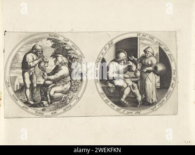 Starling Pot und ein Bauernpaar in einem Innenraum, 1555 - 1631 drucken zwei Medaillons mit mehrdeutigem Rand auf Deutsch. Auf dem linken Medaillon sitzt eine Frau unter einem Baum mit einem Sternenkopf in den Händen. Der Mann für sie versucht, eine Eule reinzuschieben. Auf dem Medaillon rechts ein Farmerpaar in einem Innenraum. Der Mann isst aus einer Schüssel, während ein Hund gegen ihn springt. Neben ihm steht die Frau auf ihrem Arm mit einem leeren Krug und einem Stock in der Hand. Papiergravur Milchmädchen. Landwirte. Hund. Essen. Sinnlichkeit. Eulen. Behälter mit Keramik: Glas, Kanne, Topf, Vase. Bild des Phallus, „Phallos“ Stockfoto