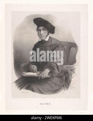 Zelfportrett, Francesco Hayez, ca. 1831 Druck Francesco Hayez charakterisiert in einem Stuhl und mit Schildersbaret verziert. Papier. Porträt, Selbstporträt des Malers Stockfoto