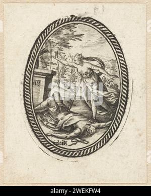 Pyramus en thisbe, 1580 drucken Sie den Mythos von Pyramus und Thisbe in einem Oval. In dem Moment, in dem dieser pyramus den Tod auf dem Boden sieht und sich ohne Zögern in ein Schwert stürzt. Wahrscheinlich gehört es zu einer ovalen Darstellung der Geschichte von Leander und Hero; vielleicht ist dies ein Medaillon, das auf zwei Seiten eingraviert ist. Papierstich (Geschichte von Pyramus und Thisbe) Stockfoto