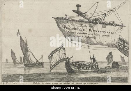 Statenloep und Segelschiffe auf ruhigem Wasser, Reinier Nooms, 1654 - 1670 drucken Titelseite einer Serie von acht Drucken. Zwei stände, die für hochrangige Figuren verwendet werden, mit einem Baldachin und einer Flagge. Eine Anzahl von Segelschiffen und die Bögen eines größeren Segelschiffs mit einem Segel mit Text, drei Männer auf der RA. Papierätzung Ruderboot, Kanu usw. Segelschiff, Segelboot. Teile des Schiffes außen: Bug Stockfoto
