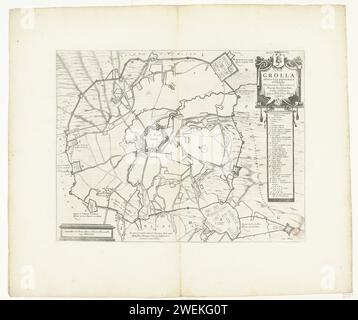 Belagerung von Grol, 1627, 1647 - 1649 Print Karte der Belagerung von Groenlo, 1627. Im Zentrum der Stadt Groenlo, rund um die Quartiere der Belagerungstruppen. Oben rechts eine Kartusche mit dem Titel und der Legende A-O und 1-18 in lateinischer Sprache. Inschriften in den Aufführungen in Französisch und Niederländisch. Auf einem Doppelblatt aus dem Stadtbuch von Blaeu, auf der Rückseite gedruckt mit niederländischem Text. Papier-Ätzkarten für getrennte Länder oder Regionen. Belagerung, Position Krieg Groenlo Stockfoto