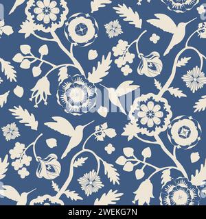 Beige Blumen und Kolibri Silhouetten nahtloses Muster auf blauem Hintergrund. Indisches Blumenmuster Stock Vektor