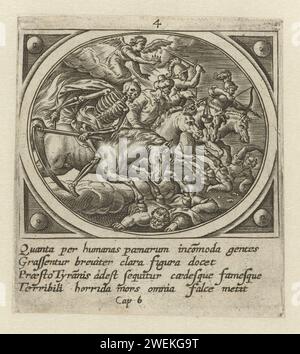 Die vier apokalyptischen Reiter, 1585 drucken, die die ersten vier Marken öffnen: Die vier apokalyptischen Reiter, 'Victorie', 'Krieg', 'Hunger' und 'Tod' trampeln die Menschheit. Über ihnen ein Engel mit einer Krone. Am Rand eine vierzeilige Unterschrift in lateinischer Sprache. Vierter Druck aus einer Serie von 24 mit der Offenbarung Johannes auf Patmos. Papiergravur der vier Reiter der Apokalypse Stockfoto