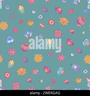 Farbenfrohe Blumenblüten auf grünem Hintergrund. Nahtloses Muster. Stock Vektor