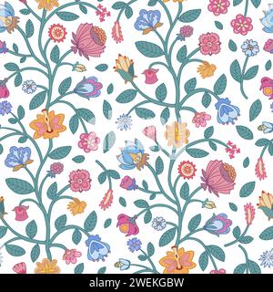 Mehrfarbiges nahtloses Blumenmuster auf weißem Hintergrund. Indisches Blumenmuster. Stock Vektor