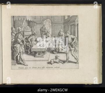 König Scheldt der gnadenlose Diener seine Schulden, 1585 Ein Diener kniet für seinen König und fleht ihn an, Geduld mit ihm zu haben, damit er noch Zeit hat, seine Schuld von zehntausend Talenten zu begleichen. Zwei Gläubiger zeigen auf den Mann. Der König, der hinter einem Tisch sitzt, hat Mitleid und beschimpft ihm seine Schuld. Unter der Aufführung ist ein lateinischer Verweis auf den Bibeltext zu finden. Dieser Ausdruck ist Teil eines Albums. Papier mit dem Gravur des unbarmherzigen Dieners: Der König vergibt ihm seine Schulden  Gleichnis von Christus (Matthäus 18,23-35) Stockfoto