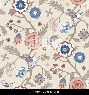 Historisches Muster mit Blumen und Kolibris in Erdtönen. Indisches Blumenmuster. Stock Vektor