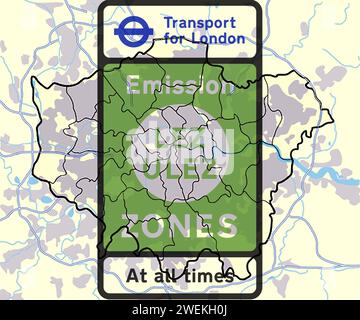 Die London Low Emission Zone (LEZ) ist ein Gebiet in London, in dem für nicht konforme Nutzfahrzeuge eine auf Emissionsnormen basierende Gebühr erhoben wird Stockfoto