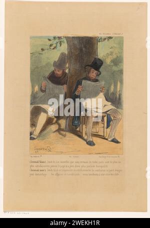 Zwei Zeitungen lesen Männer unter einem Baum, Paul Gavarni, 1839 gedruckt mit vierzeiliger Beschriftung auf Französisch. Zeitung, Zeitungsblatt. Messwert. Politische Karikaturen und Satiren Stockfoto