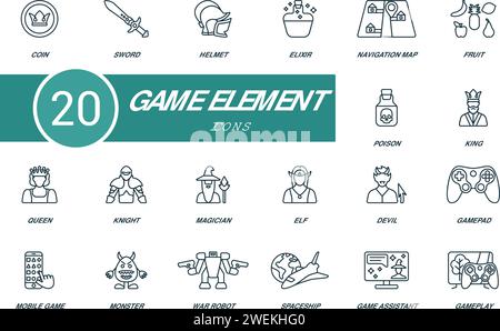 Spielelement Kontursymbole gesetzt. Kreative Symbole: Münze, Schwert, Helm, Elixier, Navigationskarte, Obst, Gift, König, Königin und mehr Stock Vektor