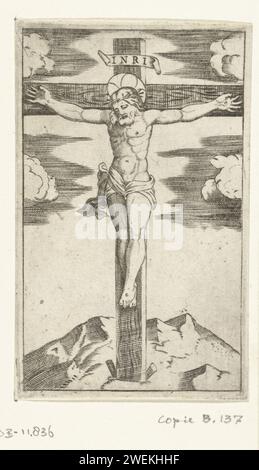 Christus am Kreuz, Anonym, nach Marcantonio Raimondi, 1500 - 1575 Druckpapier mit Gravur Christi Leiden (mit Dornenkrone, Kopf meist seitwärts gedreht) Stockfoto